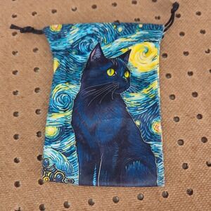 Starry Night Black Cat Drawstring Pouch Tarot Bag Jewelry Gift Sack Blue Yellow